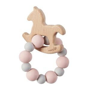 Mud Pie Baby Teether Girls Pink Horse Wood & Silicone BPA Free Baby Shower Gift